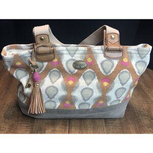 Fossil Canvas Tote Handbag w/Key & Tassel Boho Top Handles Pockets